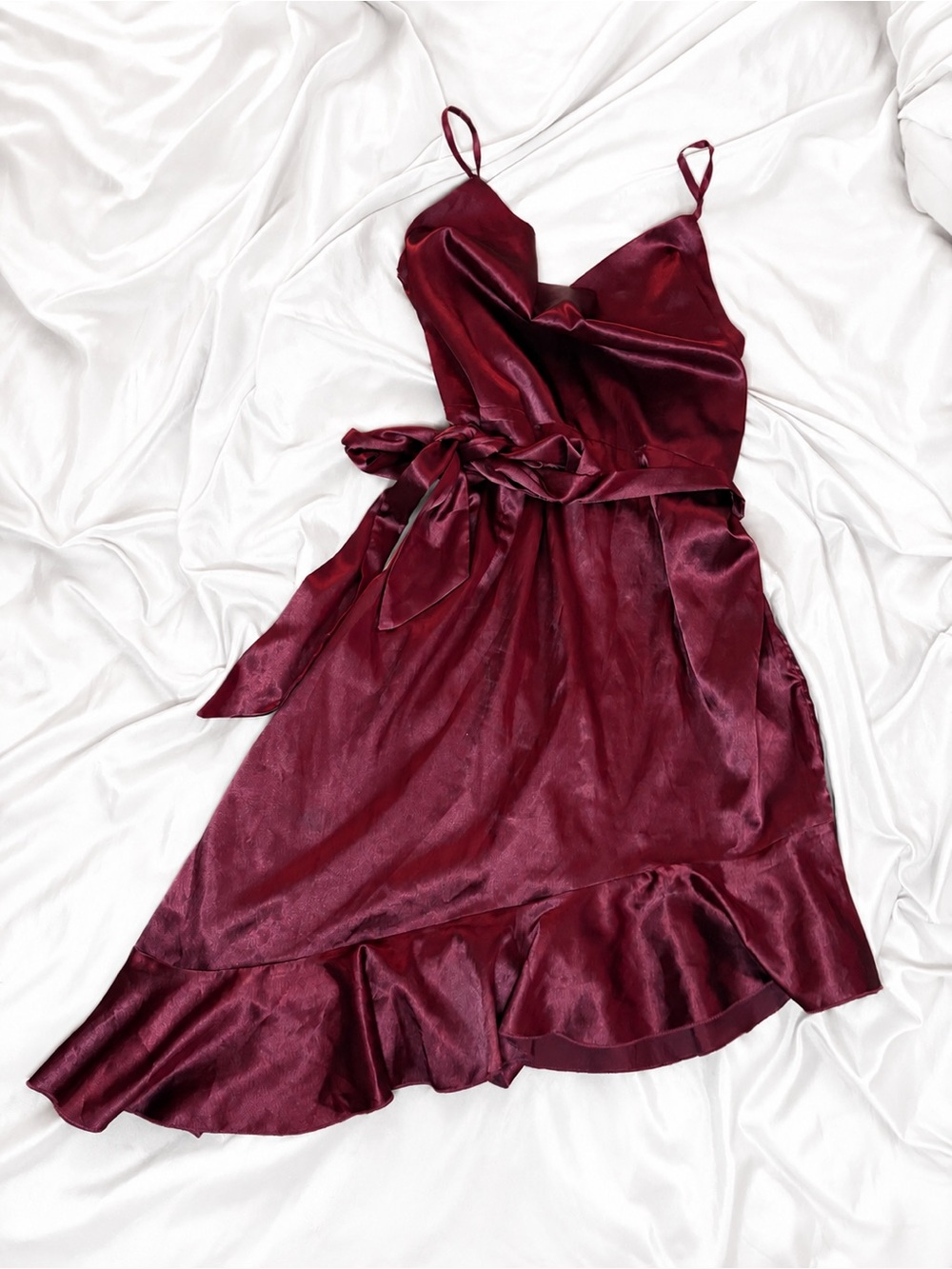 Burgundy Satin Cowl Neckline Slip Dress with Ruffle Hem